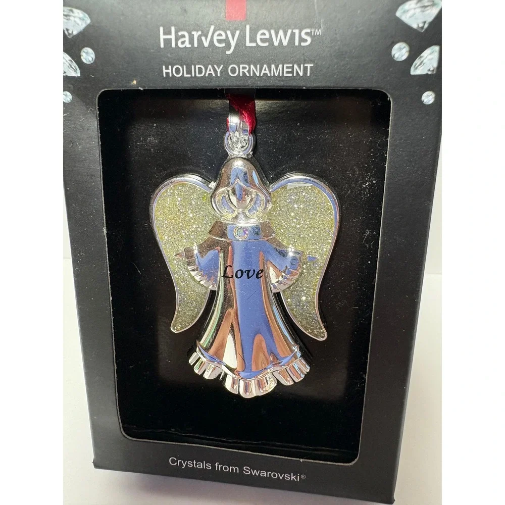 Harvey Lewis Angel Holiday Ornament Silver Tone Love Swarovski Crystal Glitter